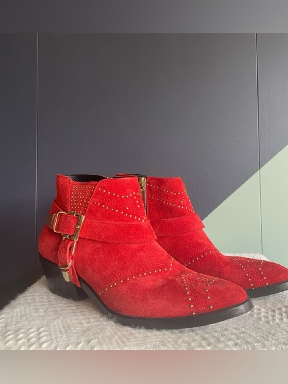 Anine Bing Bianca red suede gold studded boots booties size 10 cowgirl western